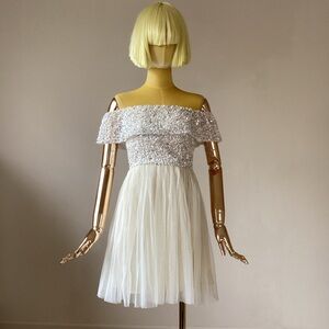 Maya Deluxe Cream Sequins Off The Shoulder Mini Dress SZ S